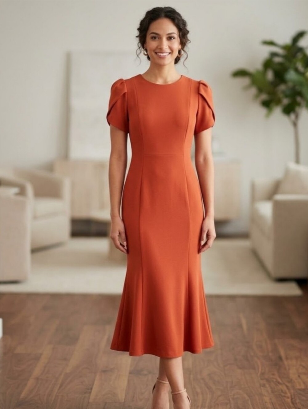 NEW! Calvin Klein Rust Orange Puff-Sleeve Midi Dress Sz 6